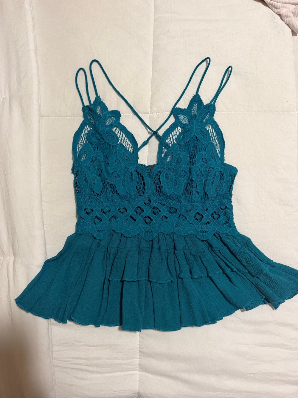 Free People Teal Crochet Lace Peplum Cami